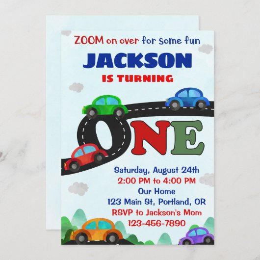 車の誕生日の招待ドライバボーイ最初の誕生日 招待状 (正面/裏面)