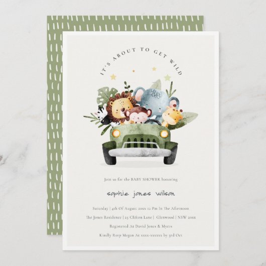 車の赤ちゃんシャワーで野生の熱帯性のジャングル動物 招待状 (正面/裏面)