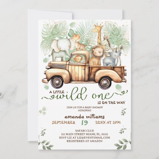 車の赤ちゃんシャワーのサファリ動物 招待状 (正面)