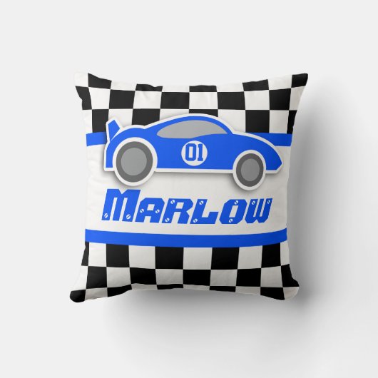 車の青いチェック模様の旗の名前の枕をからかいます クッション (裏面)