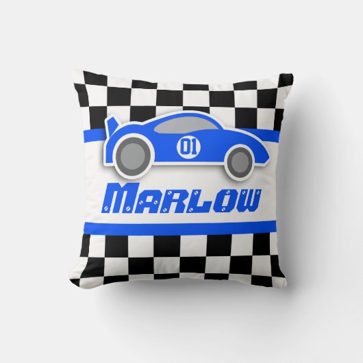 車の青いチェック模様の旗の名前の枕をからかいます クッション (正面)
