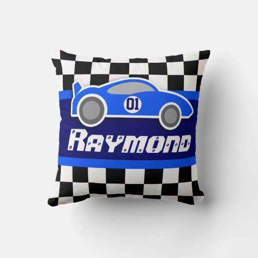 車の青いチェック模様の旗の名前の枕をからかいます クッション (裏面)