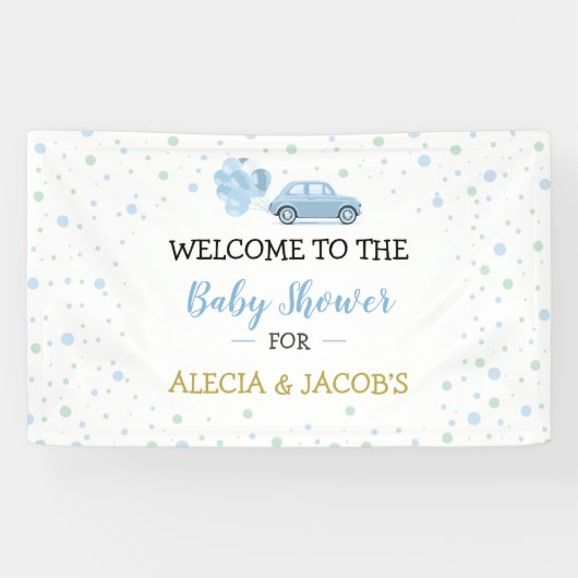 車の風船を運転する男の子ベイビーシャワー背景 横断幕 (横)
