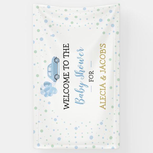 車の風船を運転する男の子ベイビーシャワー背景 横断幕 (縦)