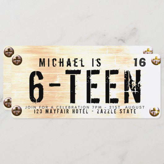 車の10代のライセンスプレート男の子の女の子16 17 18 19 招待状 (正面/裏面)