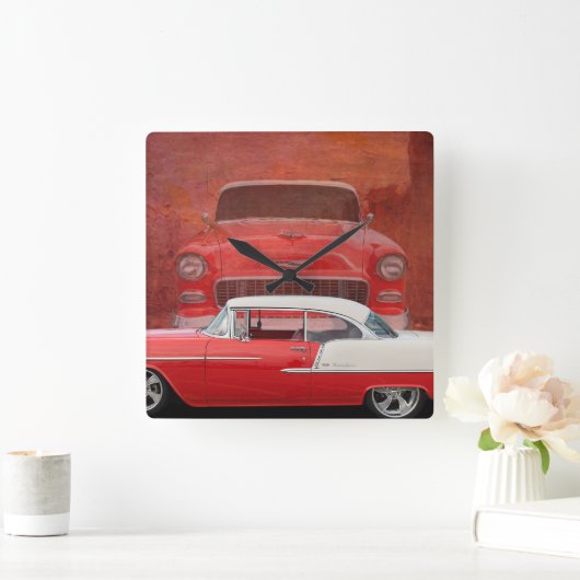 車のChevyクラシックなBel Airの赤く白いヴィンテージ スクエア壁時計 (ホーム)