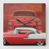 車のChevyクラシックなBel Airの赤く白いヴィンテージ スクエア壁時計 (正面)