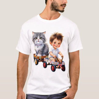 車のTシャツの上に男の子と猫 Tシャツ
