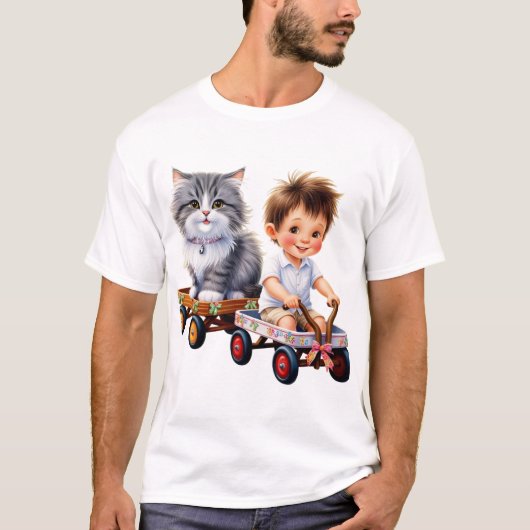車のTシャツの上に男の子と猫 Tシャツ (正面)