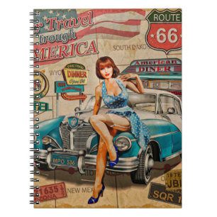 車はアメリカのビンテージポスターを通る。66,rout ノートブック