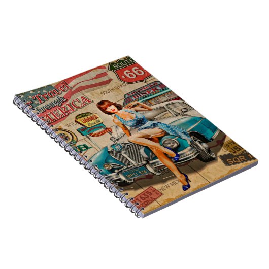 車はアメリカのヴィンテージポスターを通って旅行する。66，ルート ノートブック (右側)