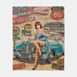 車はアメリカのヴィンテージポスターを通って旅行する。66，ルート フリースブランケット