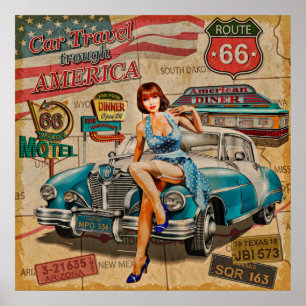 車はアメリカのヴィンテージポスターを通って旅行する。66,ルート ポスター