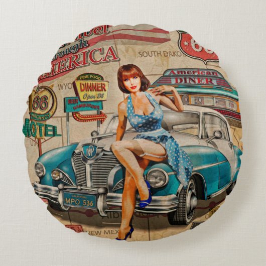 車はアメリカのヴィンテージポスターを通って旅行する。66，ルート ラウンドクッション (正面)