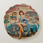 車はアメリカのヴィンテージポスターを通って旅行する。66，ルート ラウンドクッション (裏面)