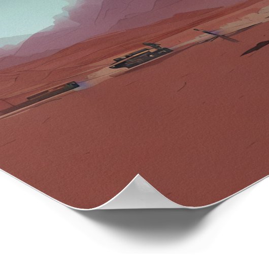 車は砂漠の山の風景に駐車されている ポスター (角)