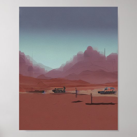 車は砂漠の山の風景に駐車されている ポスター (正面)