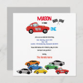 車をテーマにした最初の誕生日パーティーの招待状 セーブザデート (正面/裏面)