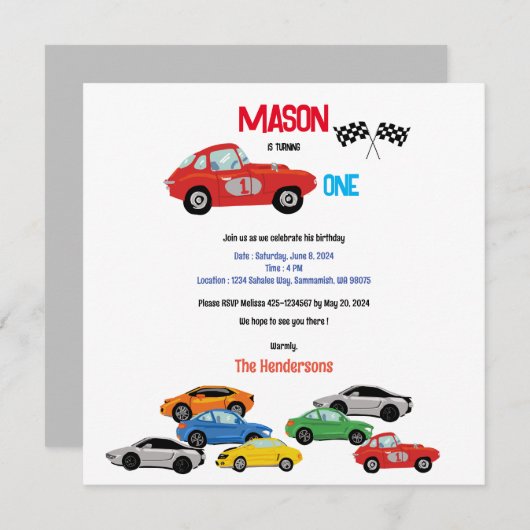 車をテーマにした最初の誕生日パーティーの招待状 セーブザデート (正面/裏面)
