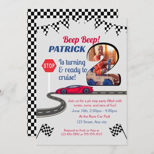 車をテーマにした男の子のための第2の誕生日招待状 招待状 (正面/裏面)