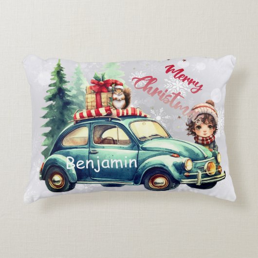 車を乗せたクリスマスアクセント枕 アクセントクッション (正面)