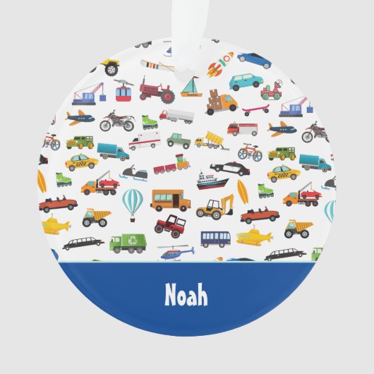 車を動かす男の子のモノ子供のクリスマス オーナメント (正面)