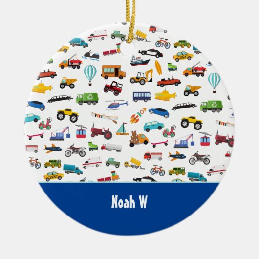 車を動かす男の子の事写真クリスマス セラミックオーナメント (正面)