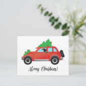 車を運転するダックスフンド犬-上にクリスマスツリー シーズンポストカード (スタンド正面)