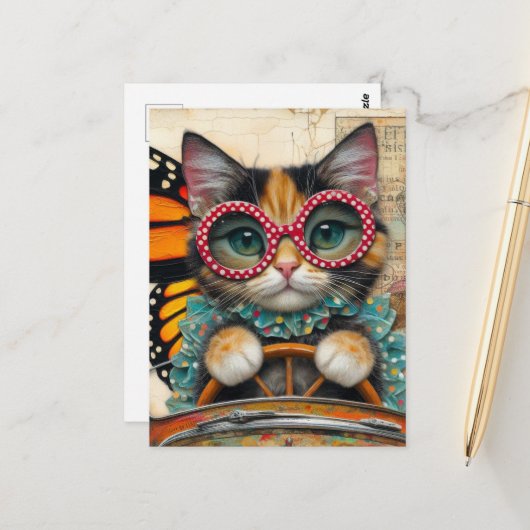 車を運転する猫 ポストカード (正面/裏面インサイチュ)