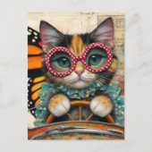 車を運転する猫 ポストカード (正面)