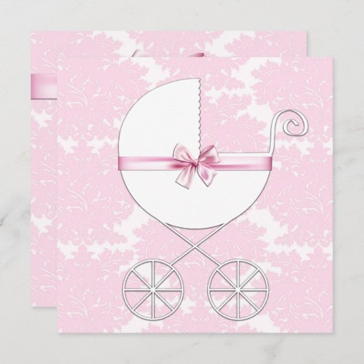 車エレガント用ピンクダマスク赤ちゃんシャワー招待 招待状 (正面/裏面)