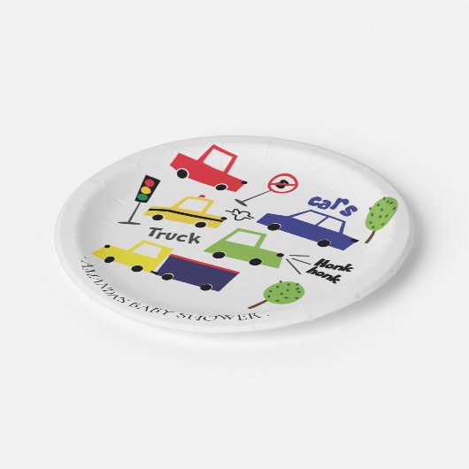 車カラフルとトラック男の子赤ちゃんシャワー7"プレート ペーパープレート (アングル)