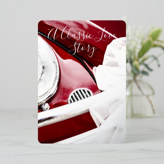 車クラシックと愛の物語の赤い白結婚色 箔招待状 (立ち正面)