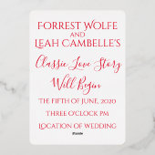 車クラシックと愛の物語の赤い白結婚色 箔招待状 (裏面)