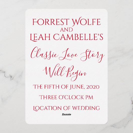 車クラシックと愛の物語の赤い白結婚色 箔招待状 (裏面)