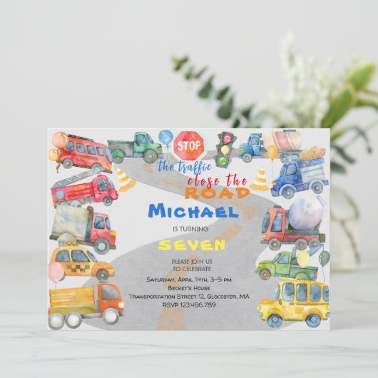 車ストップ車の男の子の誕生日を閉じるトラフィック 招待状 (スタンド正面)