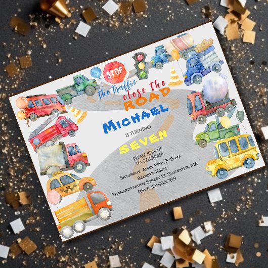 車ストップ車の男の子の誕生日を閉じるトラフィック 招待状