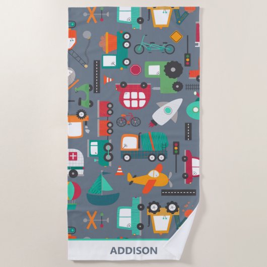 車トラックの子どもパタパーソナライズされたーン ビーチタオル (正面)