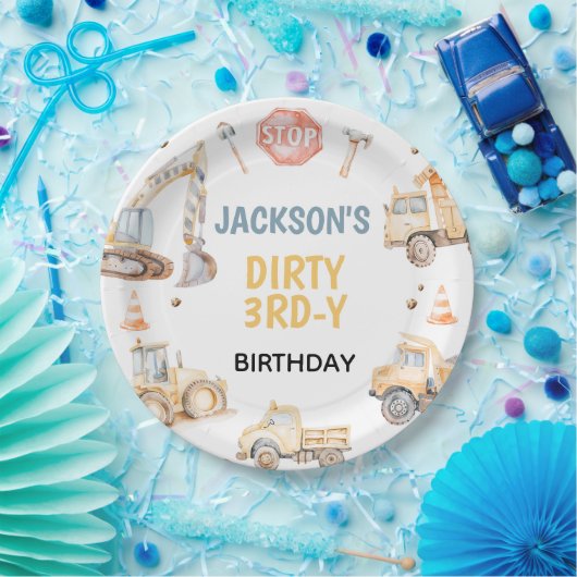 車両イエロー建築ダーティ3rdy誕生日 ペーパープレート (パーティー)