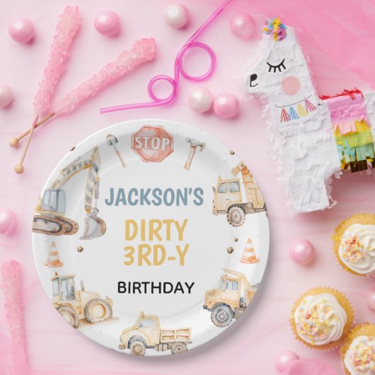 車両イエロー建築ダーティ3rdy誕生日 ペーパープレート (パーティー)