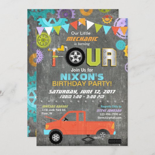 車整備士は用具の黒板の誕生日を連動させます 招待状 (正面/裏面)