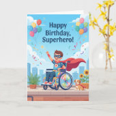 車椅子のスーパーヒーロー男子 誕生日 カード (黄色い花)
