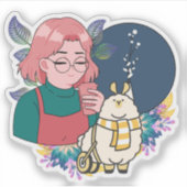 車椅子のラマとコーヒーを持つ漫画風の少女 シール (正面)