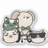 車椅子の犬と楽しそうな猫の友達 シール (正面)