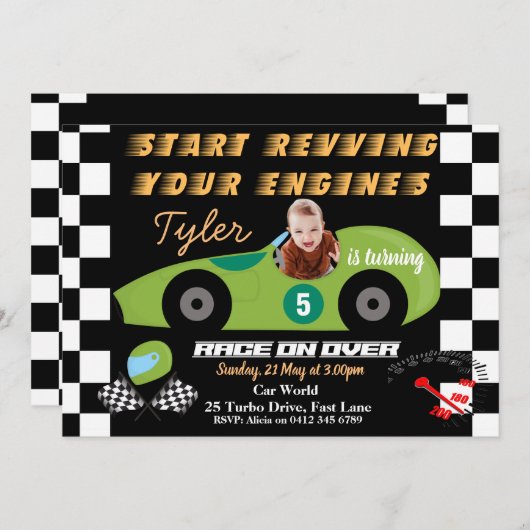 車5位の誕生日ボーイの招待 招待状 (正面/裏面)