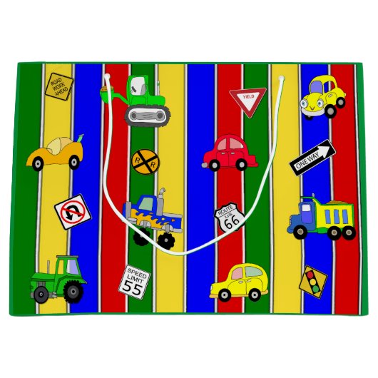 車、トラック、トラクター少年の誕生日 ラージペーパーバッグ (正面)