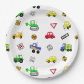車、トラック、交通シンボルや象徴少年の誕生日パーティー ペーパープレート (正面)