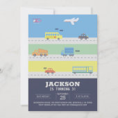 車、トラック、飛行機、車の青い誕生日 招待状 (正面)