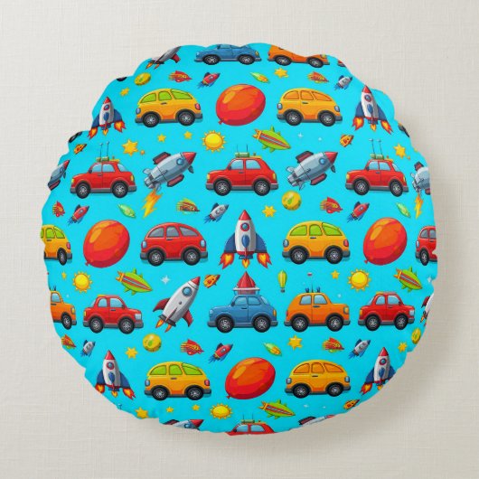 車、ロケット、星のシームレスなパターン ラウンドクッション (正面)