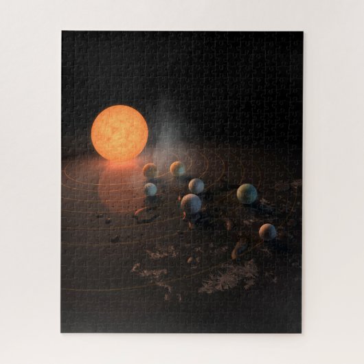 軌道星にあるトラピスト–1の7つののまわりに惑星。 ジグソーパズル (縦)